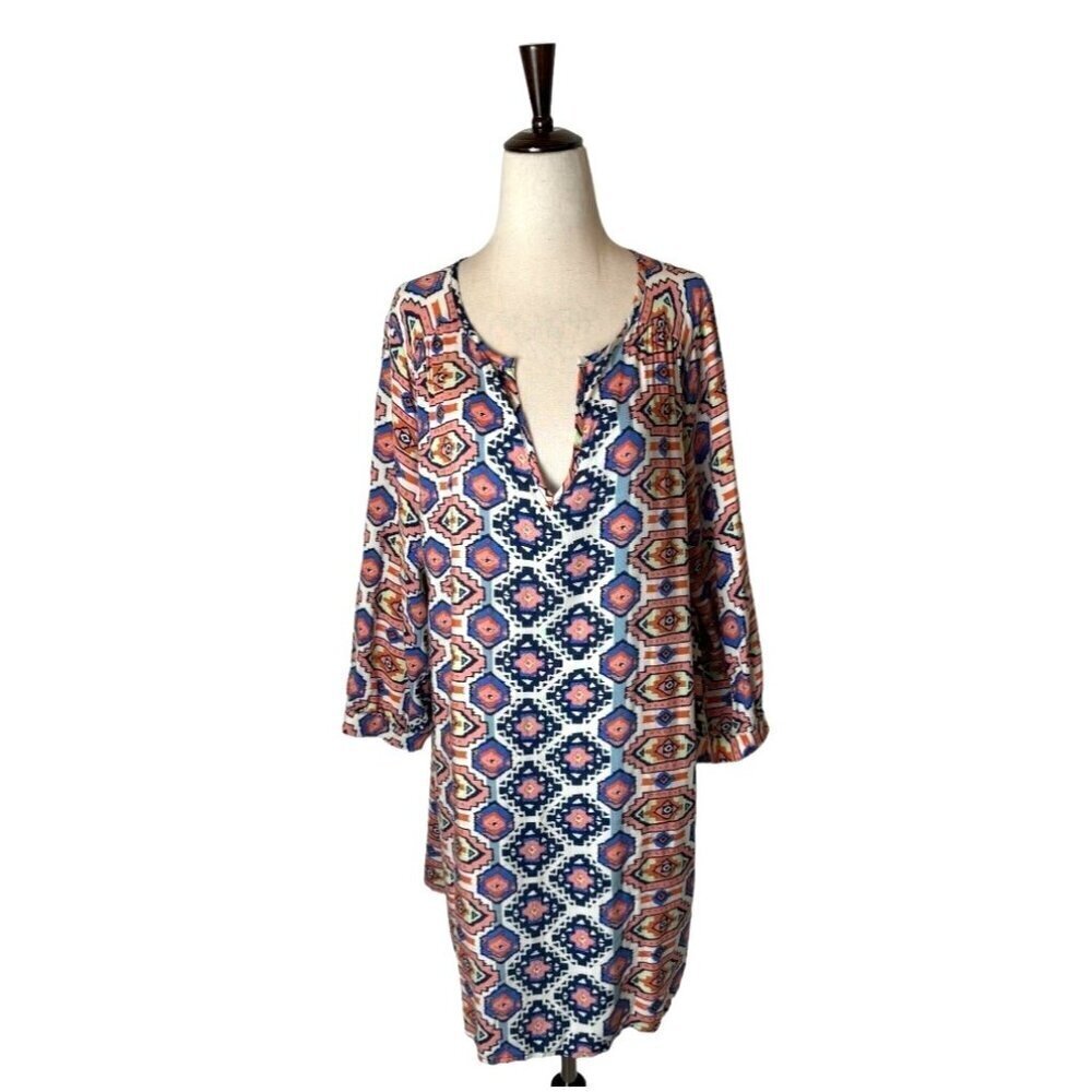 Glam Dress Women Medium Orange Blue Aztec Print V Neckline Long Sleeve Miniβ